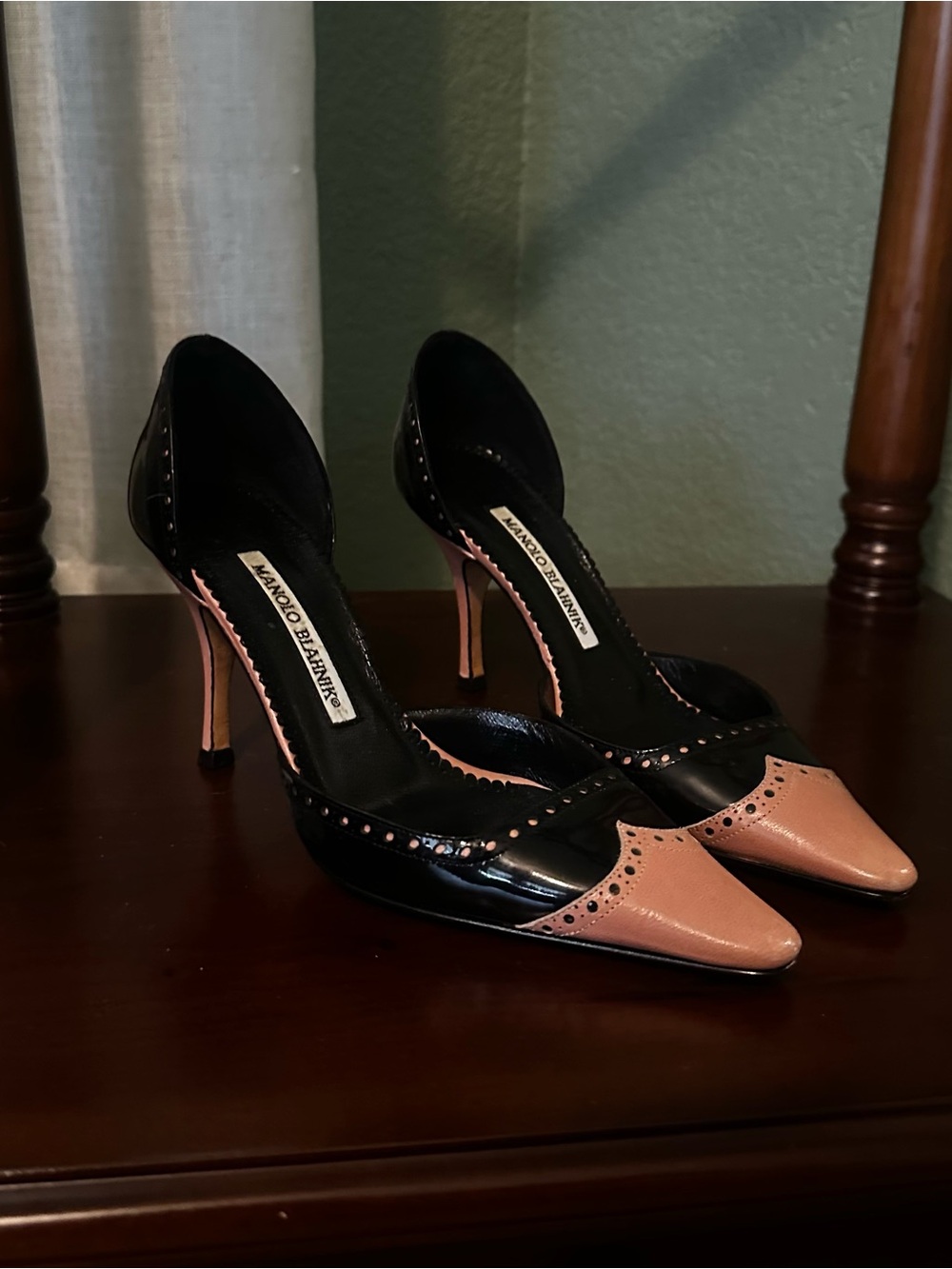 Manolo Blahnik Two-Tone Black and Pink Pointed-Toe D’Orsay Pumps